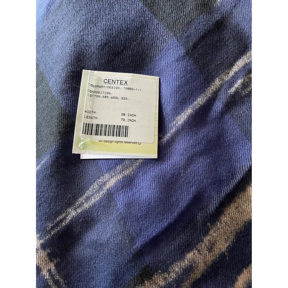Centex Plaid Scarf Blue‎ Beige Wool Blend Fringe Oversized Wrap Shawl 28